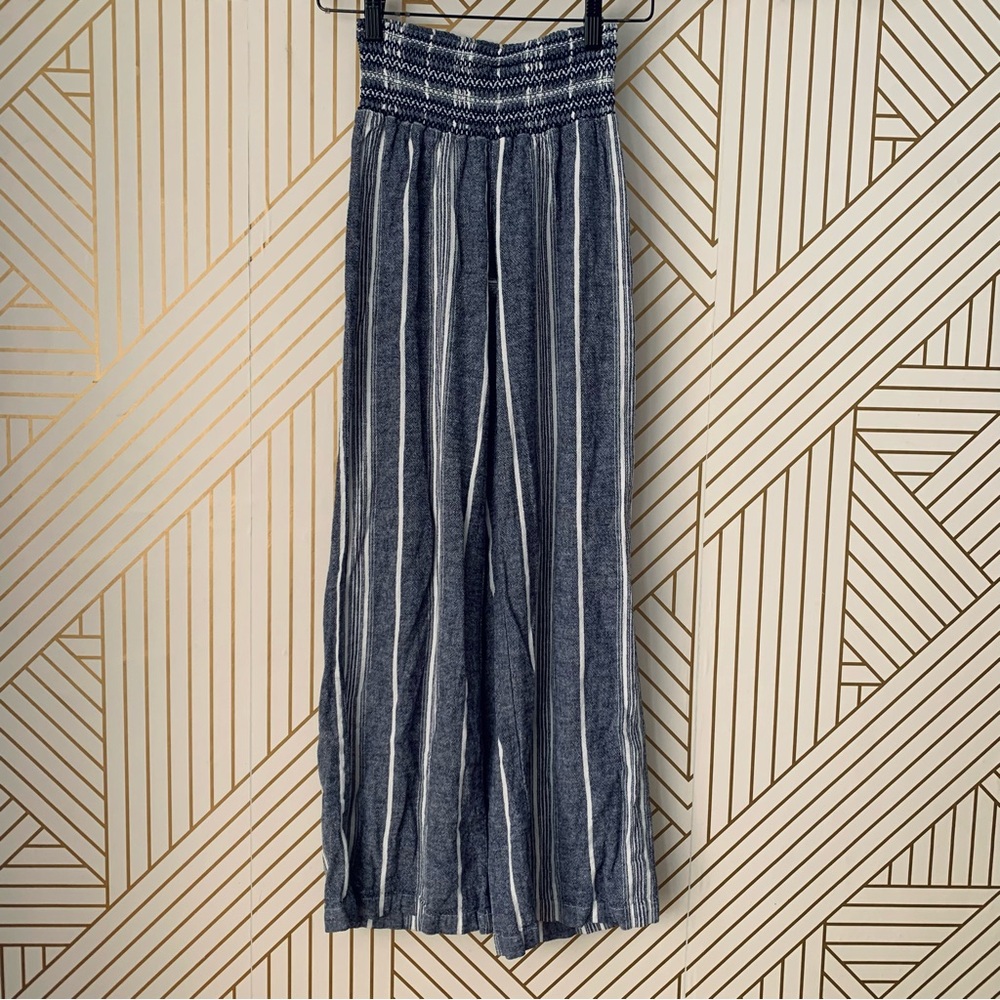 Gray & White Striped Wide Leg Linen Pants stripe crochet embroidered waistband S